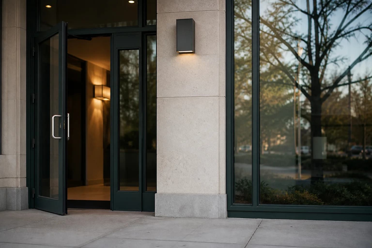 Representative retail entrance with limestone, glass, and evergreen metalwork